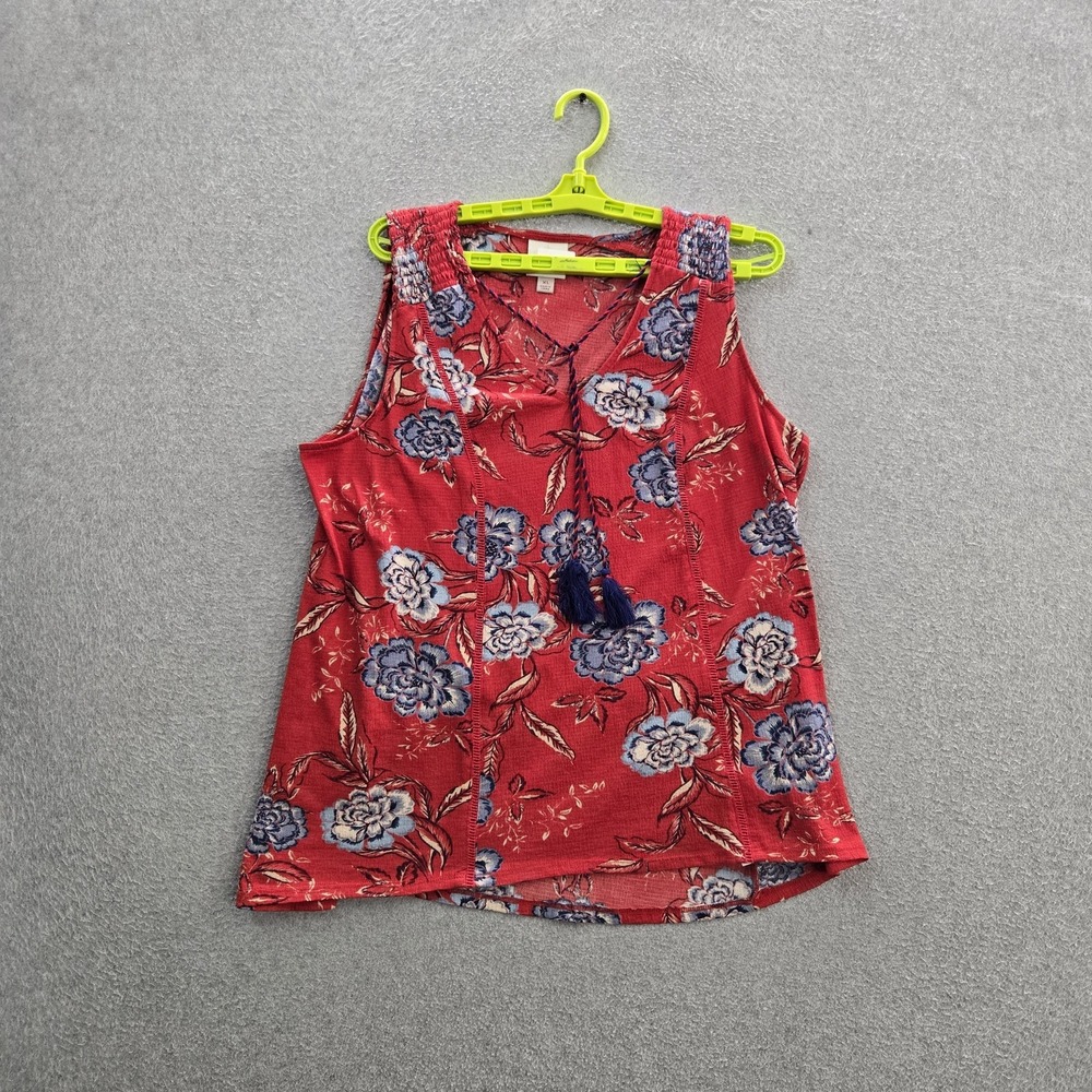 Knox Rose Women Blouse XL Red Floral Boho Tasselled V-Neck Sleeveless